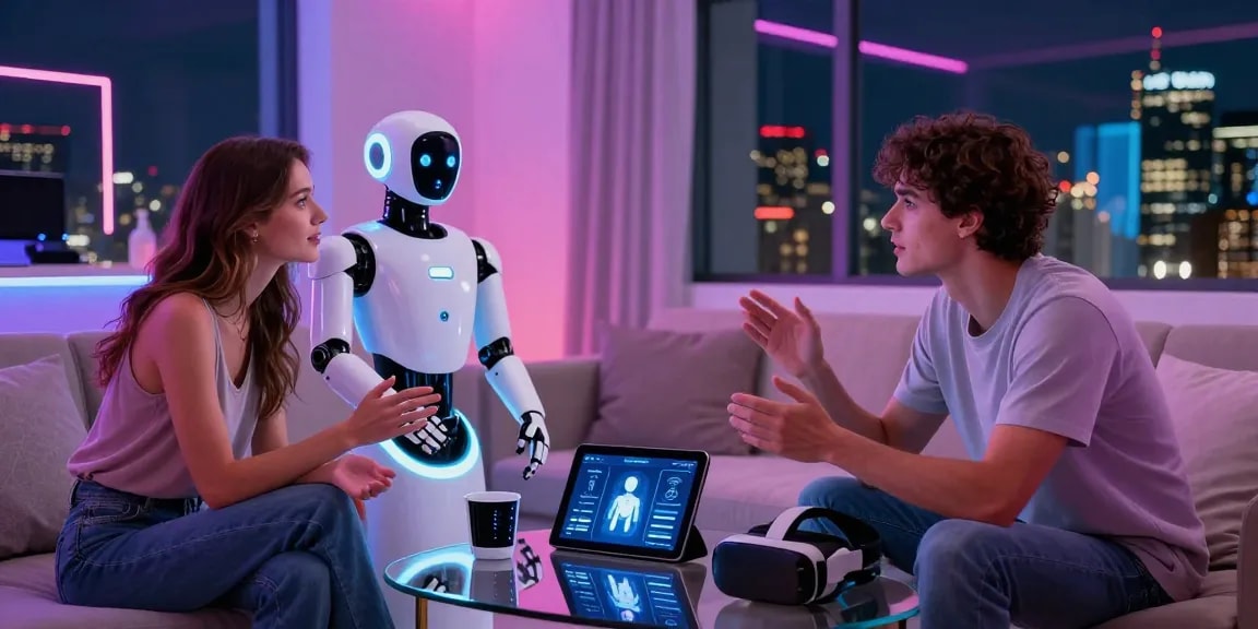 Elevated view of a couple engaging with a futuristic sex bot in a modern living room