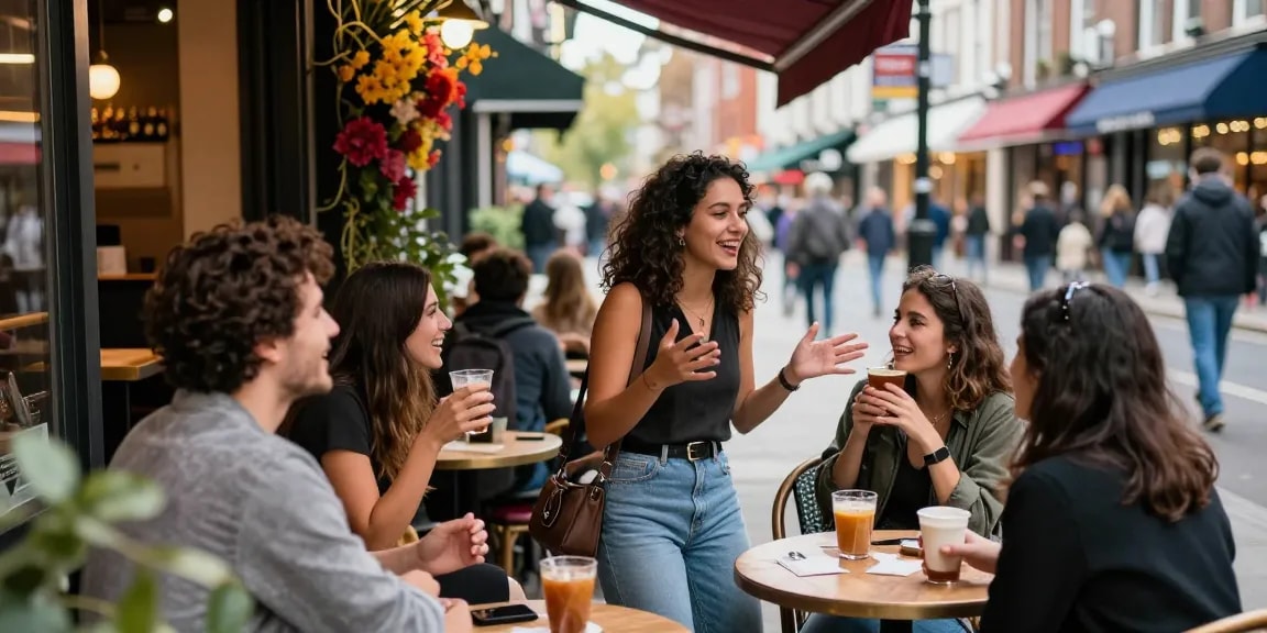 Gái gọi đang tận hưởng thời gian vui vẻ bên bạn bè tại quán café phố.