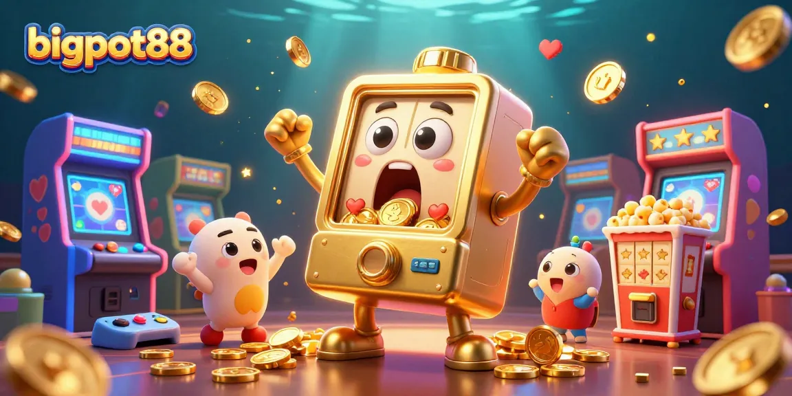 BIGPOT88 memicu jackpot dengan mesin slot emas yang bergerak, dikelilingi slot kecil dan elemen arcade.