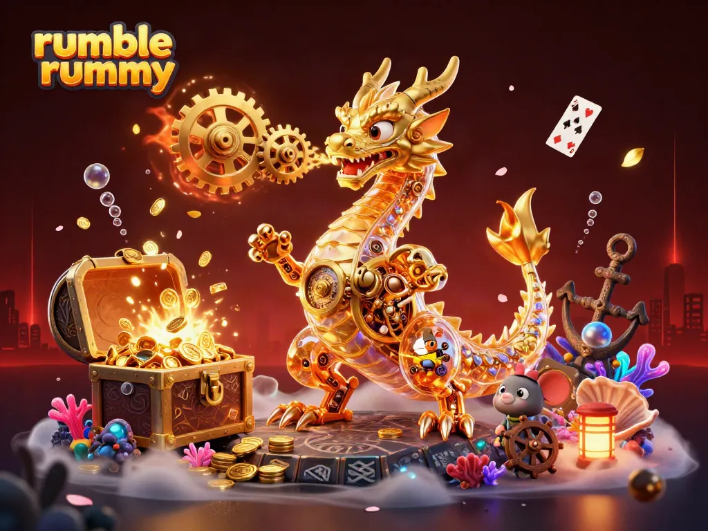 Engage in our rumble rummy adventure with a golden dragon and treasures in a vibrant underwater scene.