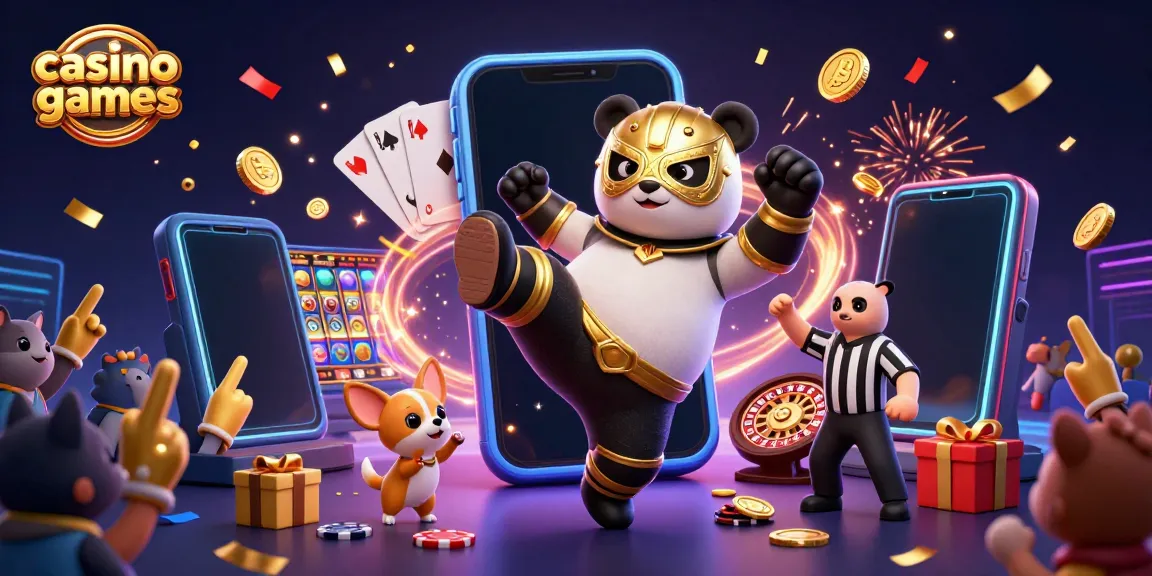 Engage in casino games with an animated wrestler panda and exciting slot and card visuals.