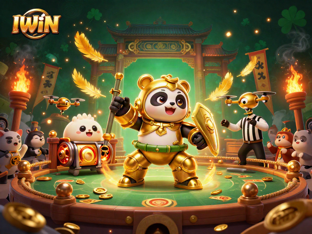 IWIN showcases thrilling gambling excitement with a golden panda piloting a robot amid vibrant casino elements.