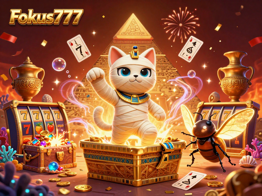 Fokus777 brings excitement with a vibrant casino scene featuring an Egyptian mummy cat and gold treasures.