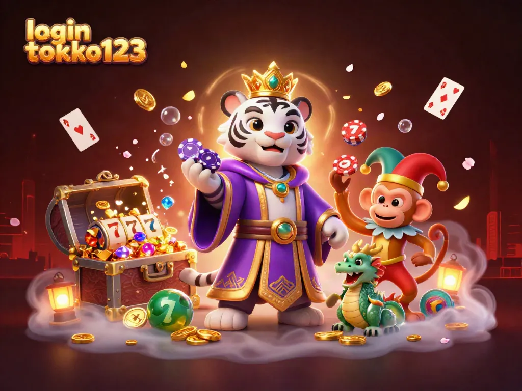 Engage with the vibrant scene featuring a royal tiger, playful monkey, and lively dragon at login toko123 casino.