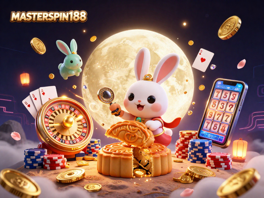 Experience gaming magic with MASTERSPIN188 under the moonlight with poker chips, coins, and vibrant casino elements.