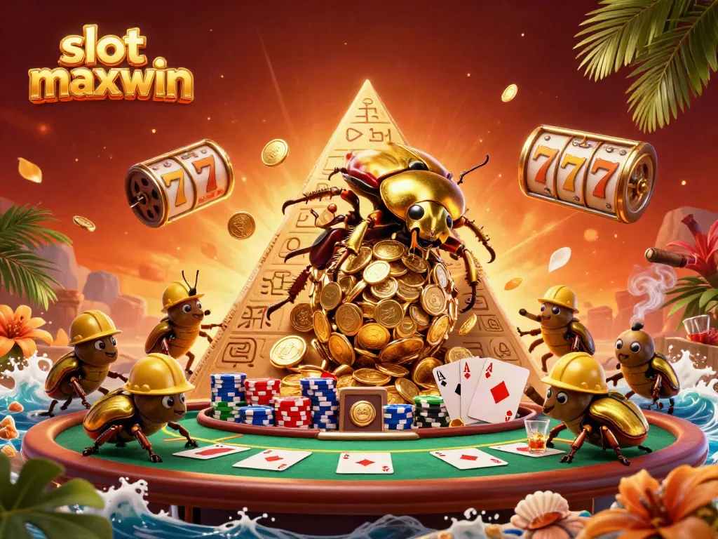 Experience big wins in the slot maxwin as a giant beetle rolls golden coins, showcasing vibrant casino elements.