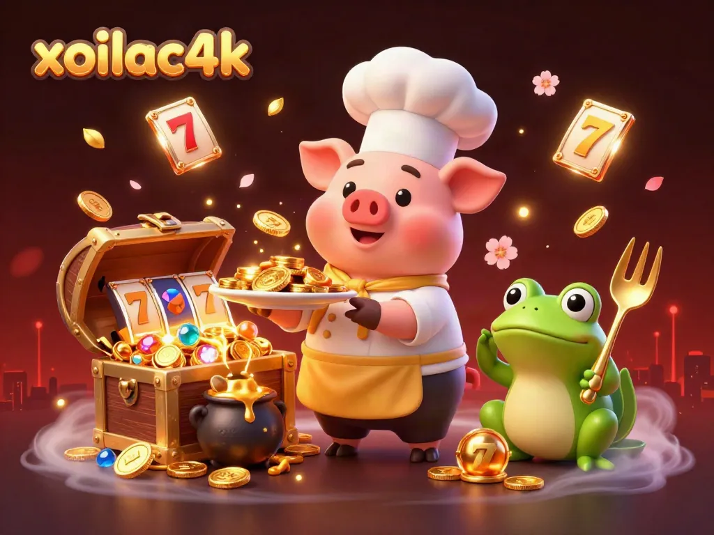 Experience the thrill of xoilac4k as a chef pig presents gold coins among vibrant gaming symbols.