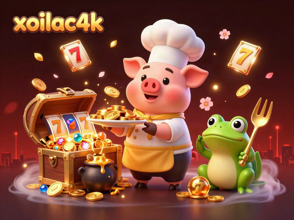 Experience the thrill of xoilac4k as a chef pig presents gold coins among vibrant gaming symbols.