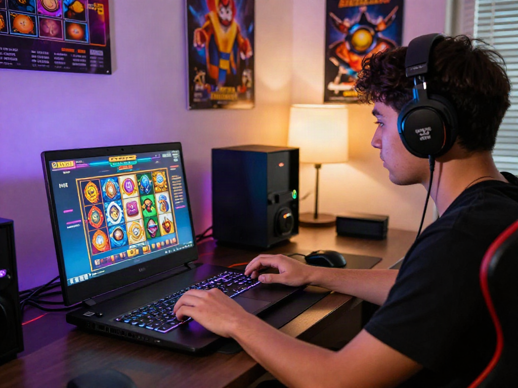 Player excitedly engaging with bandar slot games on gaming laptop with colorful graphics in immersive room.