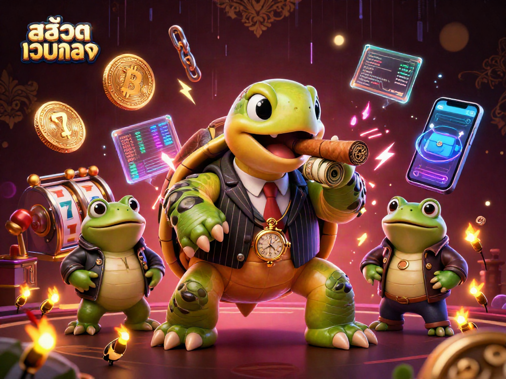 Spin the reels at สล็อตเว็บตรง with a lively casino scene featuring a turtle in mobster attire.