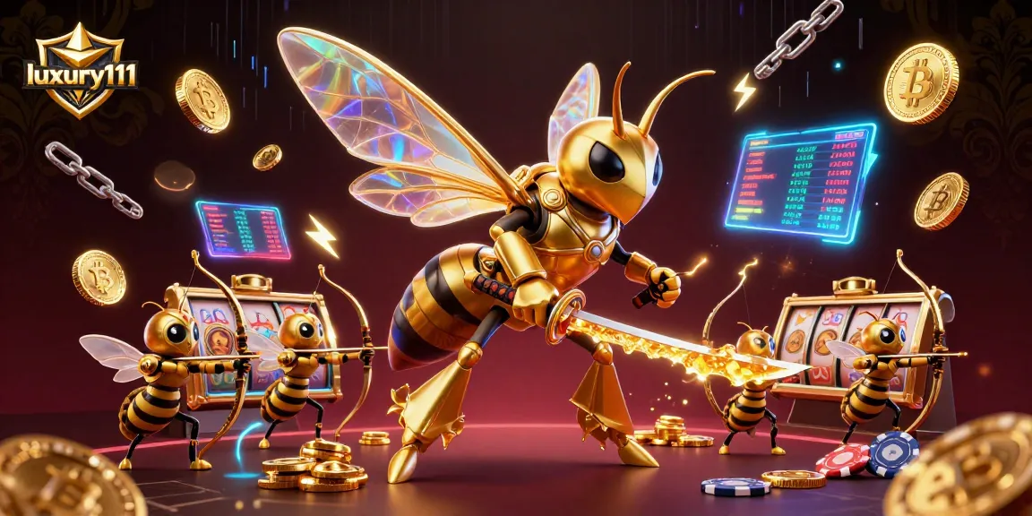 Engage with luxury111 at a vibrant casino with golden hornets and crypto elements.