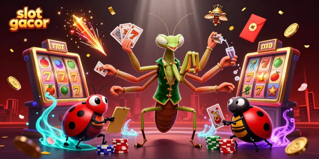 Experience the excitement of slot gacor as whimsical characters deal cards and spin reels in this colorful illustration.