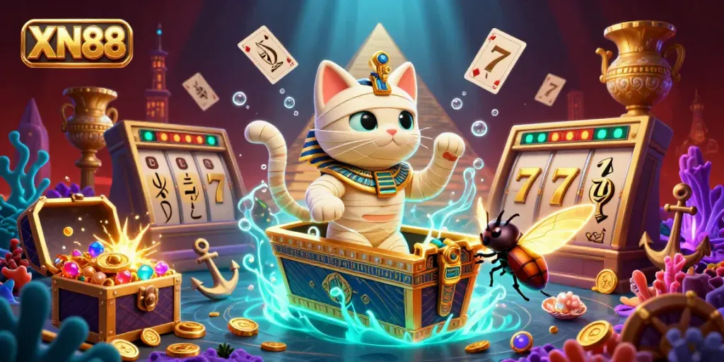 Experience the vibrant gaming world of XN88 with an energetic representation of an Egyptian-themed casino.