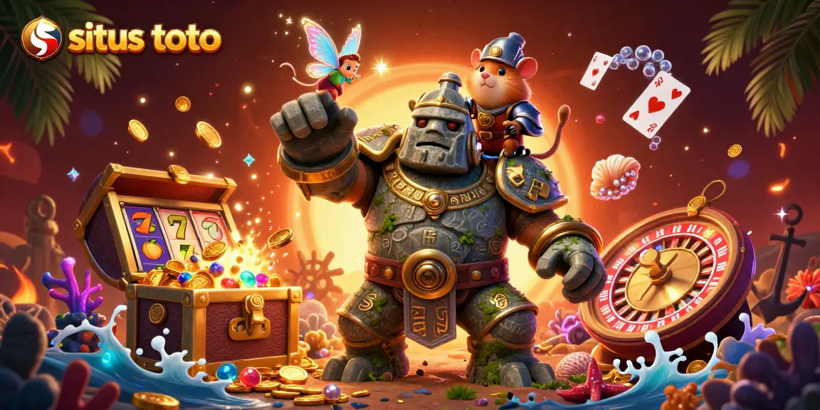 Ilustrasi situs toto menggambarkan golem penjaga bertuliskan rune emas dengan teman peri dan ksatria hamster, dikelilingi elemen kasino.