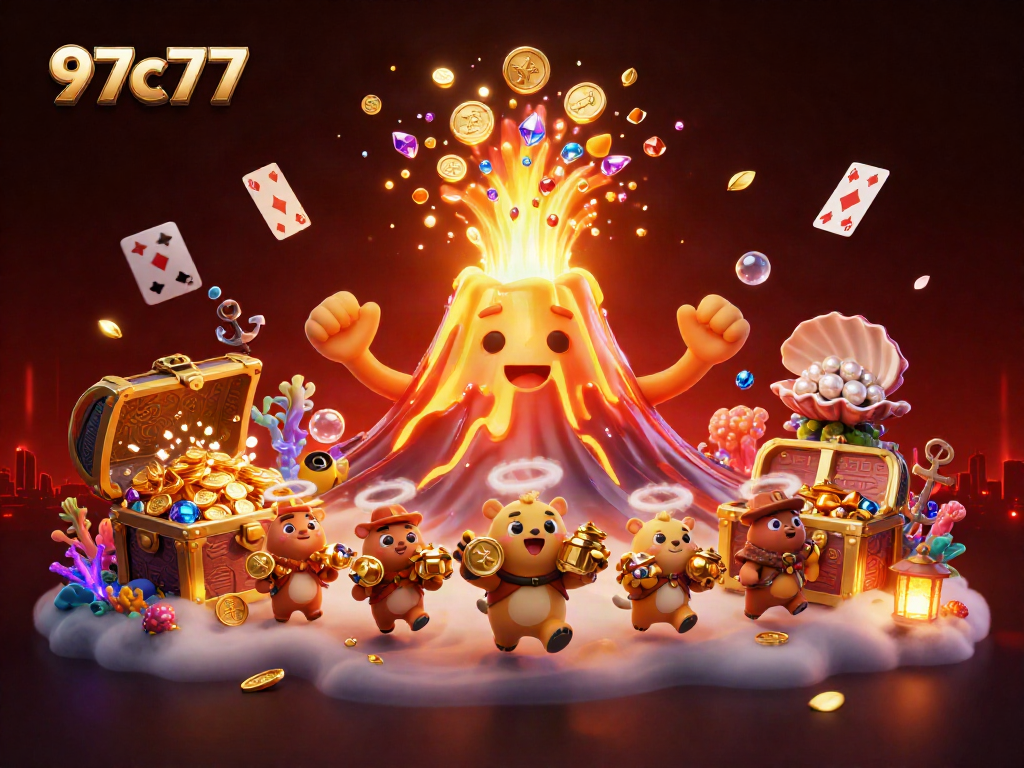 Experience thrilling wins at 97c77 with vibrant casino-themed 3D illustration featuring treasures and gaming elements.
