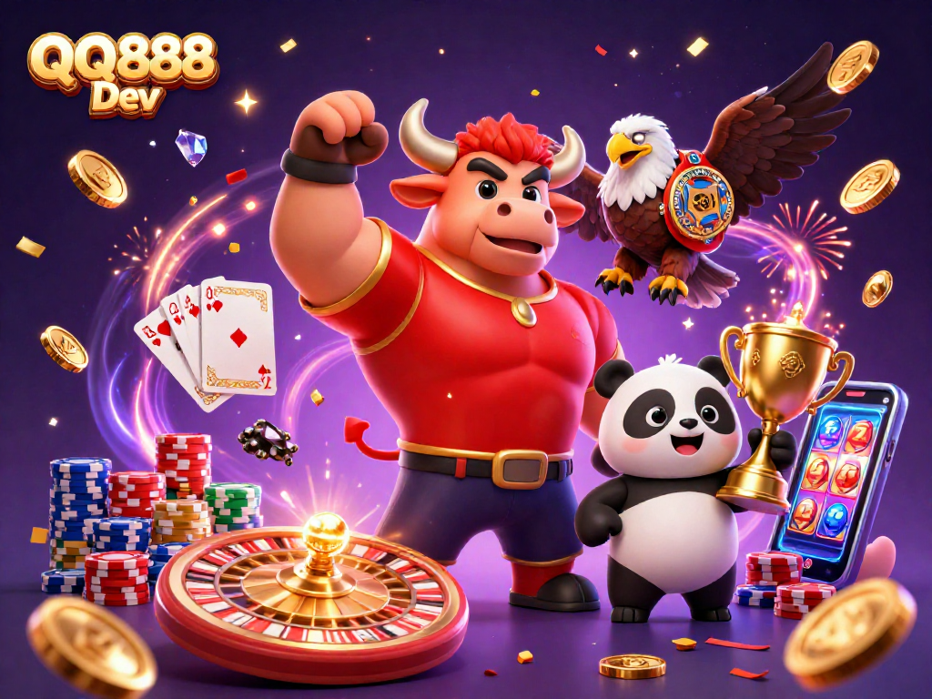 Experience the thrilling world of QQ888 Dev with a vibrant 3D bull mascot surrounded by jubilant casino elements.