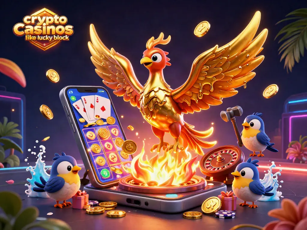 Experience thrill at crypto casinos like Lucky Block with vibrant gaming scenes featuring slots and poker.
