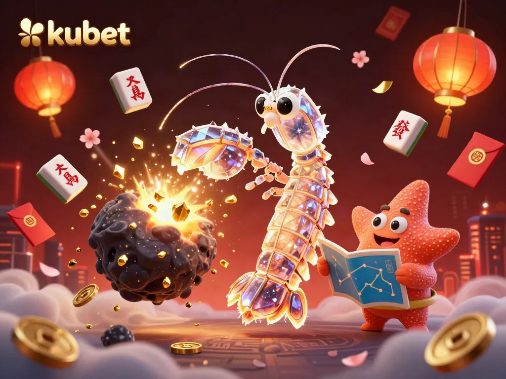 Kubet showcases a galactic samurai mantis shrimp amid exploding golden gems and coins, promoting excitement in online gambling.