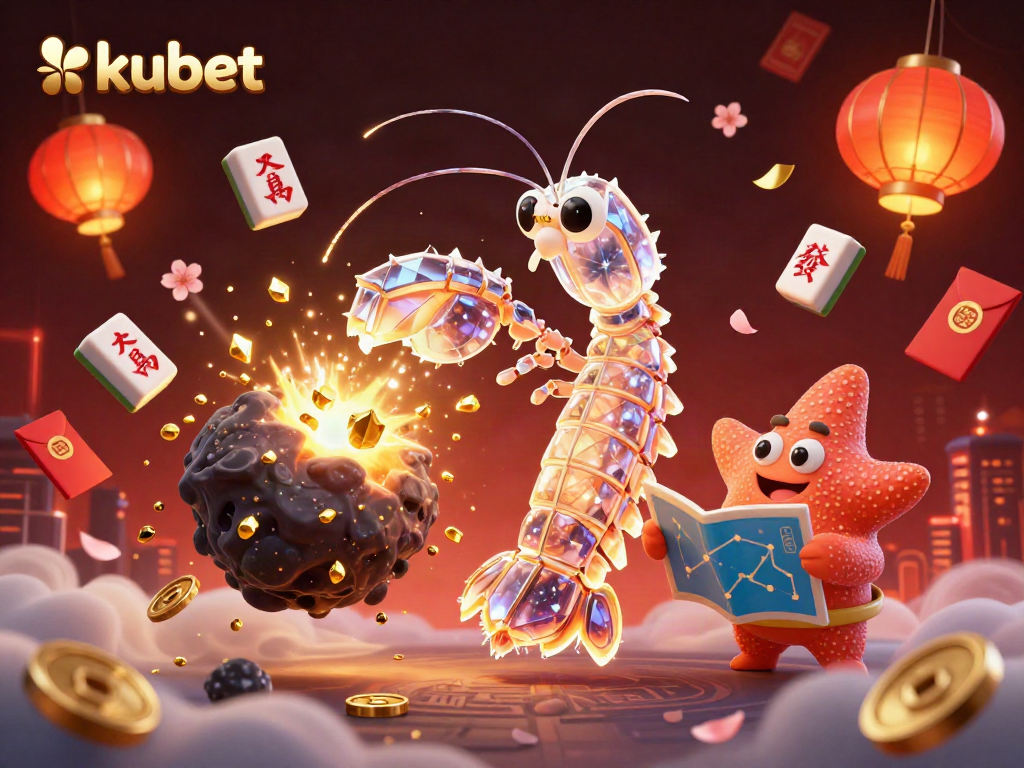 Kubet showcases a galactic samurai mantis shrimp amid exploding golden gems and coins, promoting excitement in online gambling.