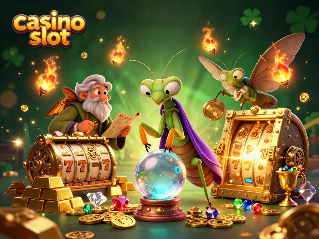 Experience the thrill of casino slot gaming in this magical 3D scene featuring epic characters.