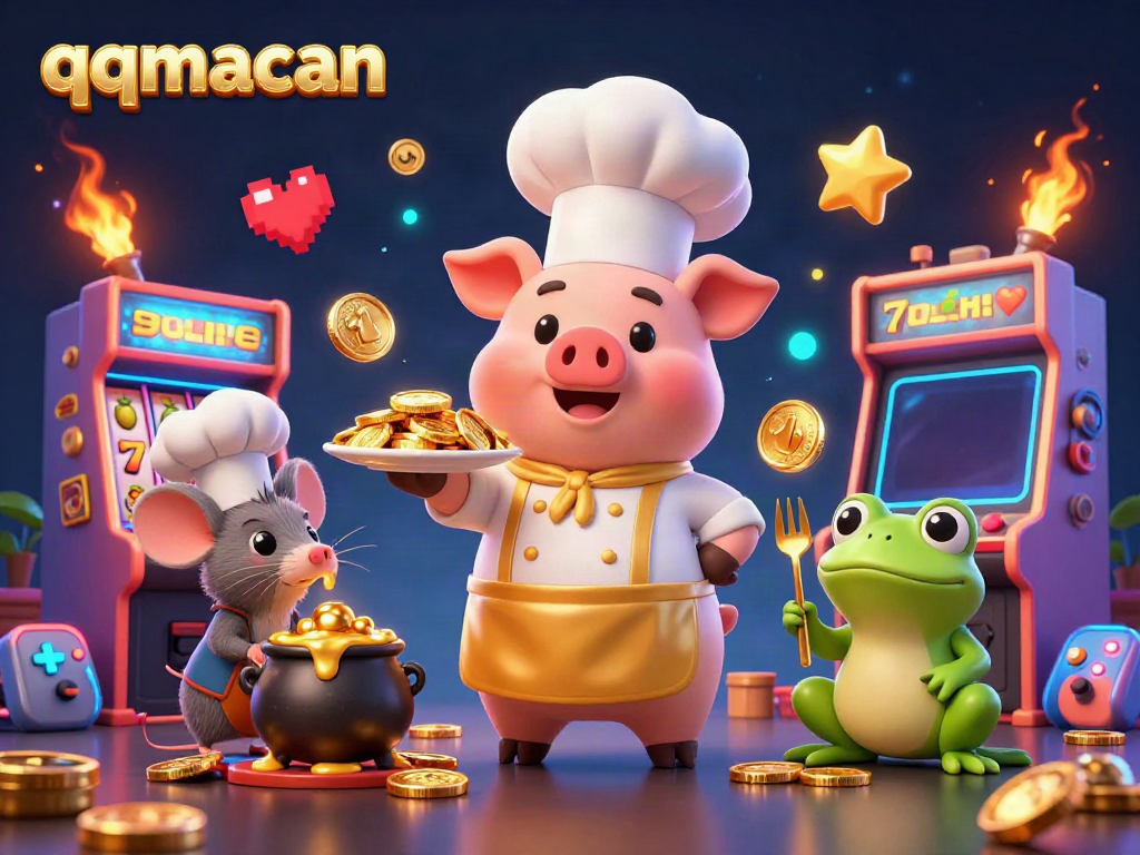 Enjoy winning opportunities with qqmacan's vibrant 3D casino illustration showcasing playful characters and slot game elements.