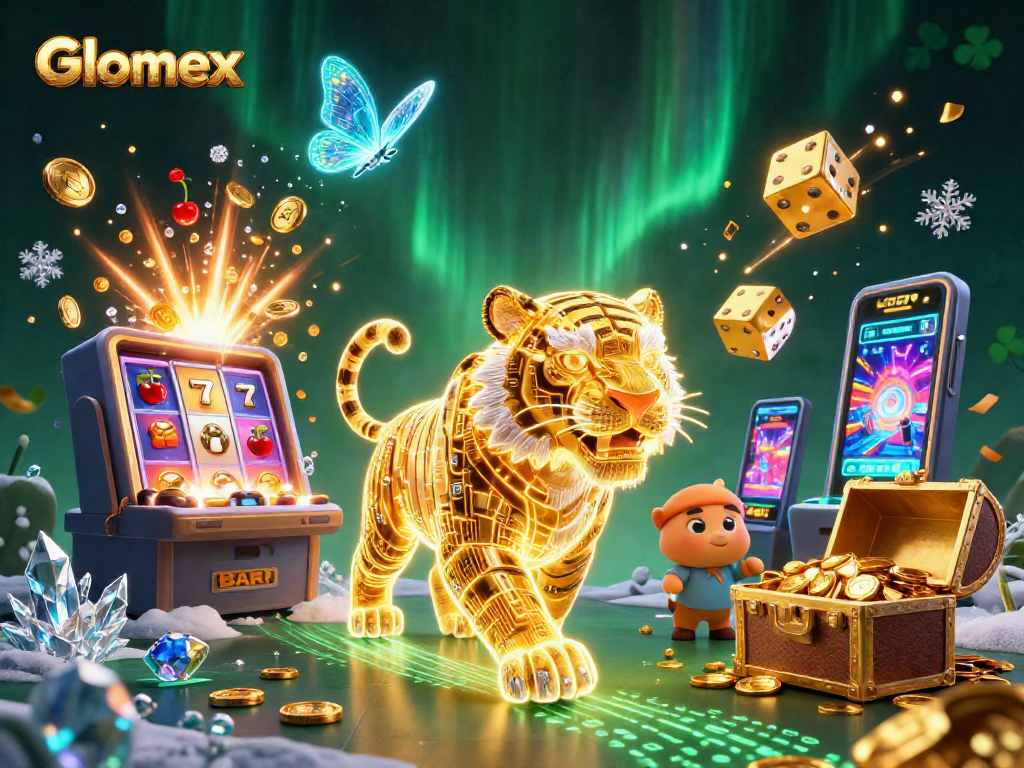 Experience Glomex slots with lively golden tiger amidst vibrant casino elements.