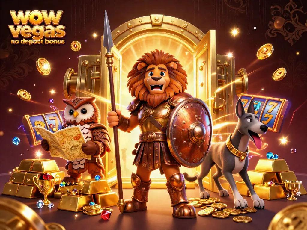 Spin to win with the wow vegas no deposit bonus, featuring vibrant casino-themed characters and elements.