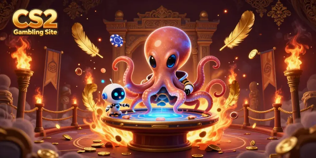 Engage at the CS2 Gambling Site featuring an alien octopus and robot around a holographic poker table.