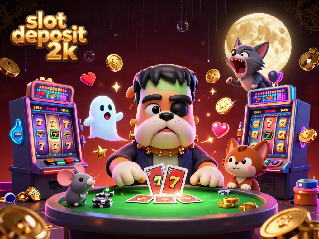 Engage with the thrilling slot deposit 2k scene featuring a cartoon monster dealing cards surrounded by vibrant slot machines.