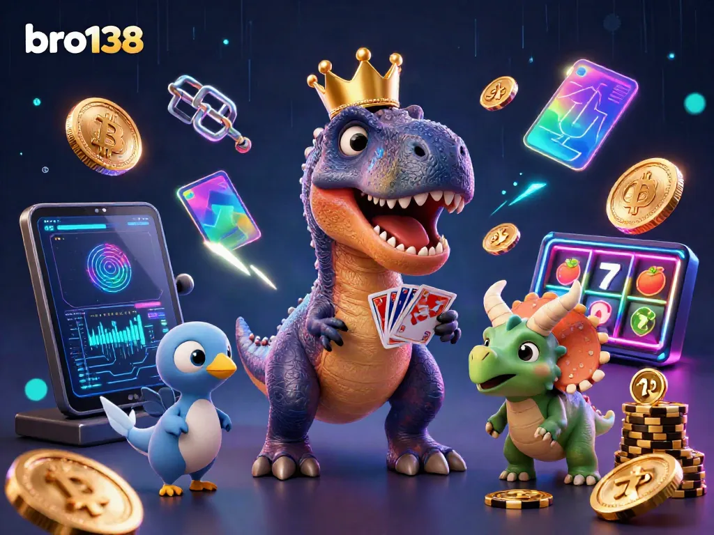 Experience thrilling gameplay at bro138 with a cartoon T-Rex shuffling cards beside golden chips and crypto icons.