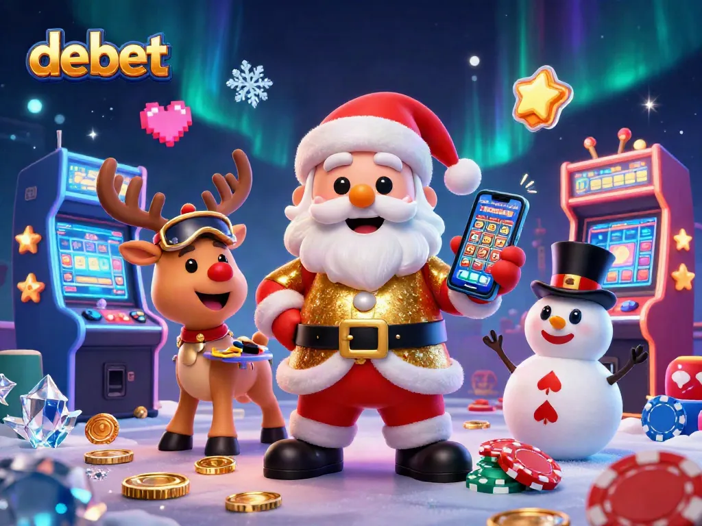 Experience debet gaming excitement with Santa and friends in a vibrant casino scene.