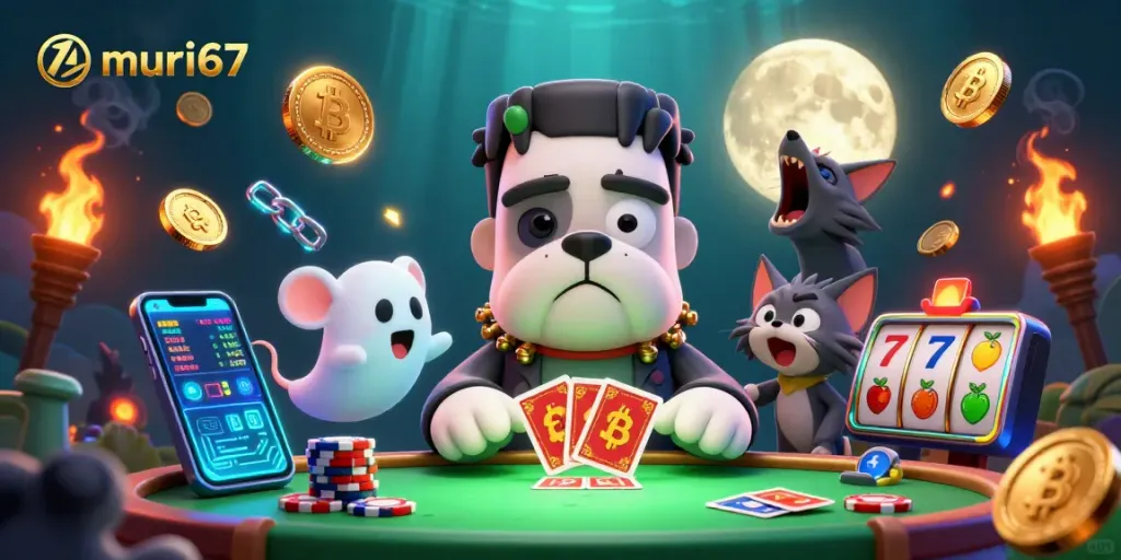 Experience thrilling gameplay with murai67 as a bulldog dealer and enchanting creatures surround a lively casino scene.