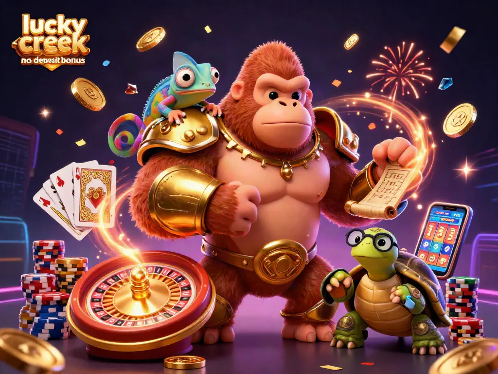 Experience the thrill of winning with the lucky creek casino no deposit bonus as the gorilla king and his companions celebrate amidst cascading coins and gems.
