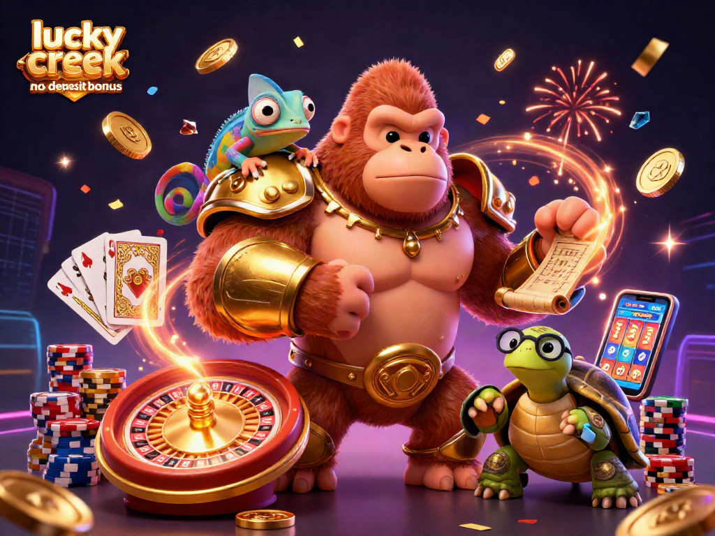 Experience the thrill of winning with the lucky creek casino no deposit bonus as the gorilla king and his companions celebrate amidst cascading coins and gems.