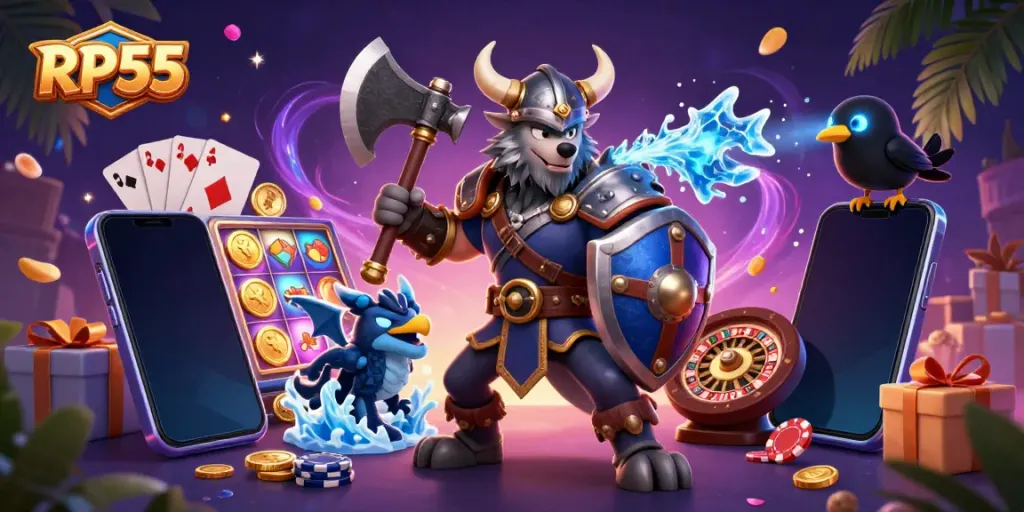 Gambarkan RP55 saat bermain slot dengan karakter Viking dan naga yang dinamis dalam suasana kasino yang mengesankan.