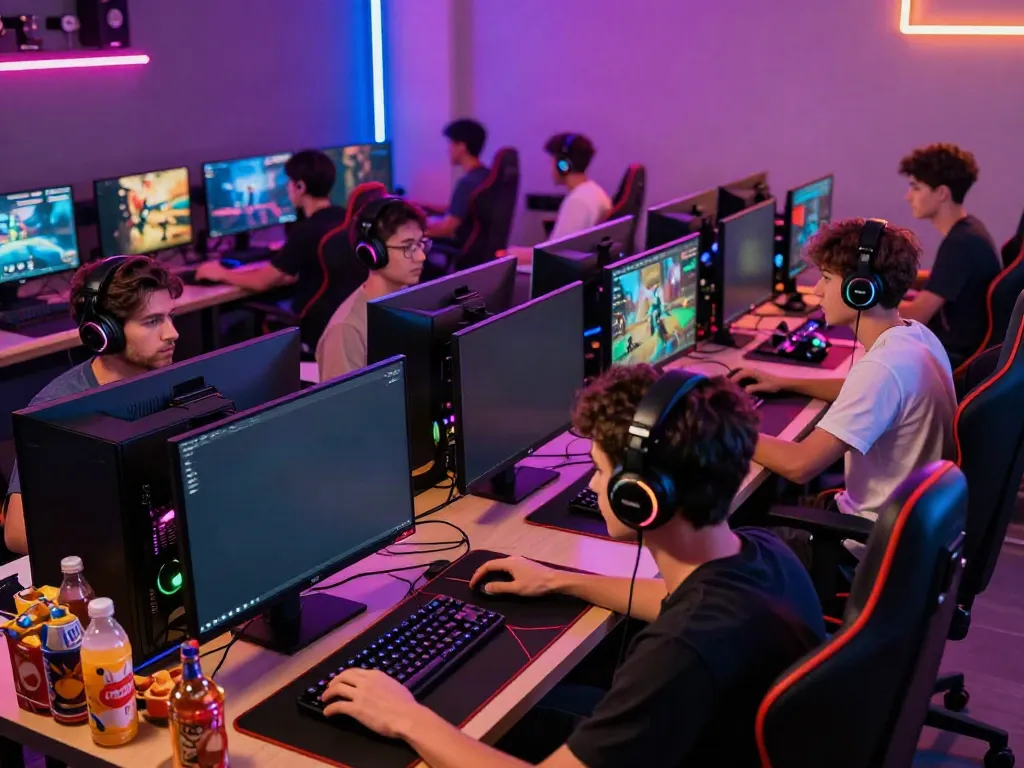Players engaging in competitive game online sessions in a vibrant gaming room, showcasing technology and camaraderie.