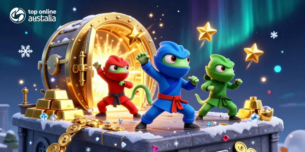 Experience thrilling gameplay at top online casino australia with ninja chameleons surrounded by treasures.