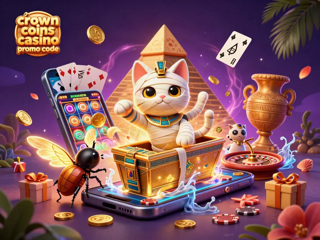 Engage with crown coins casino promo code through dynamic casino gaming fun, featuring mummies and vibrant elements.