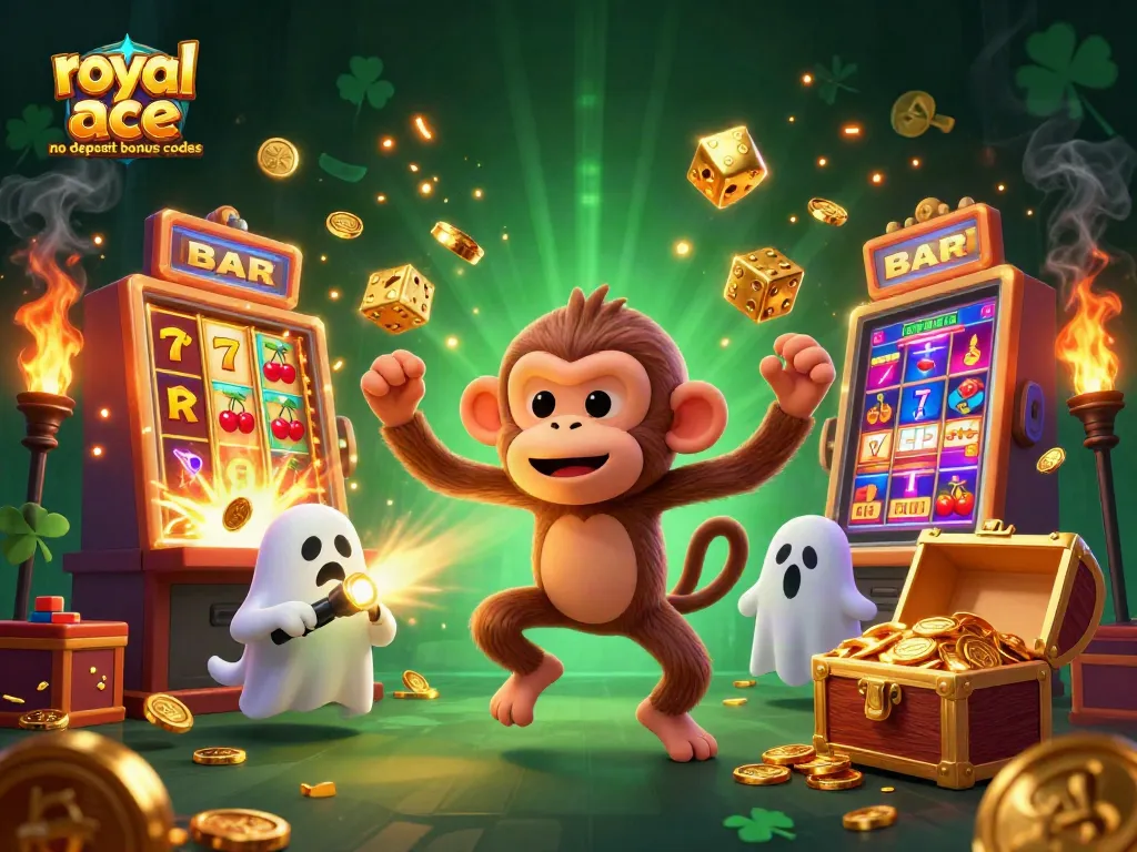 Engaging scene showcasing royal ace no deposit bonus codes with a playful monkey and ghost-hunter puppy in a vibrant casino