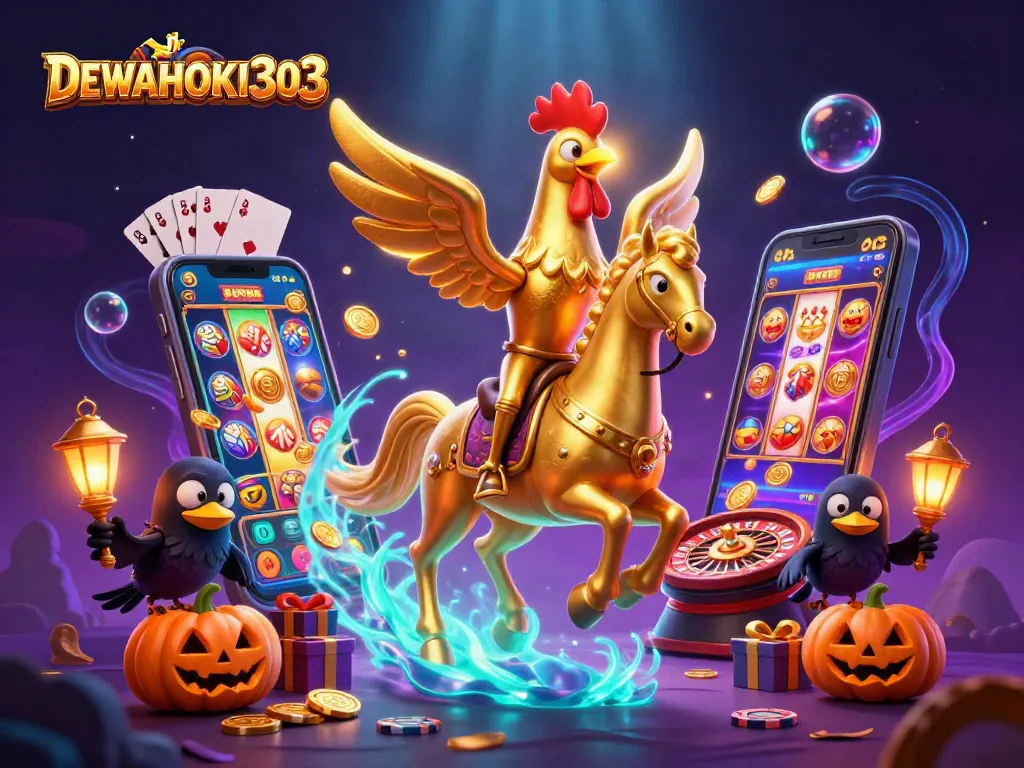 DEWAHOKI303 menjelajahi kasino malam dengan karakter menarik dan permainan slot yang seru.