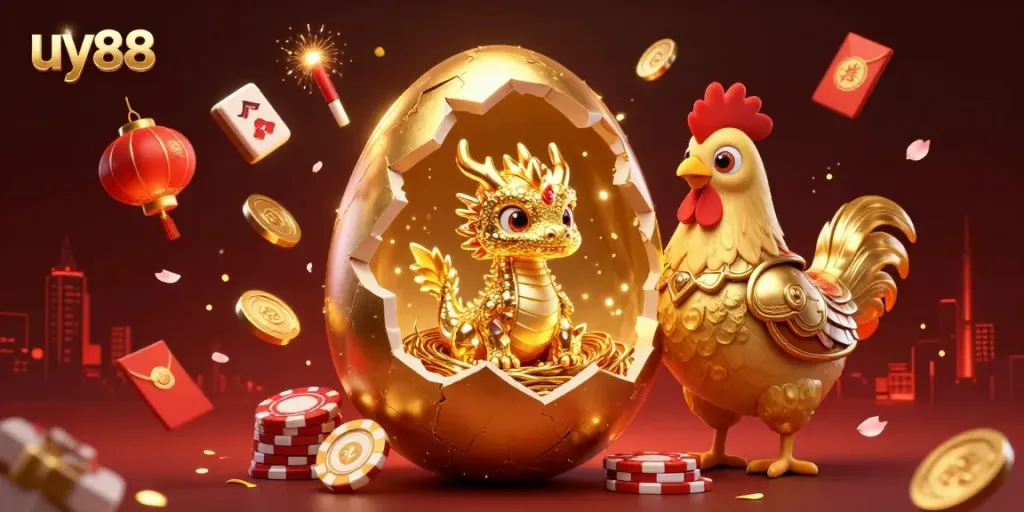 Engage with uy88's exciting world as the golden dragon guards a treasure of poker chips in this vibrant gambling illustration.