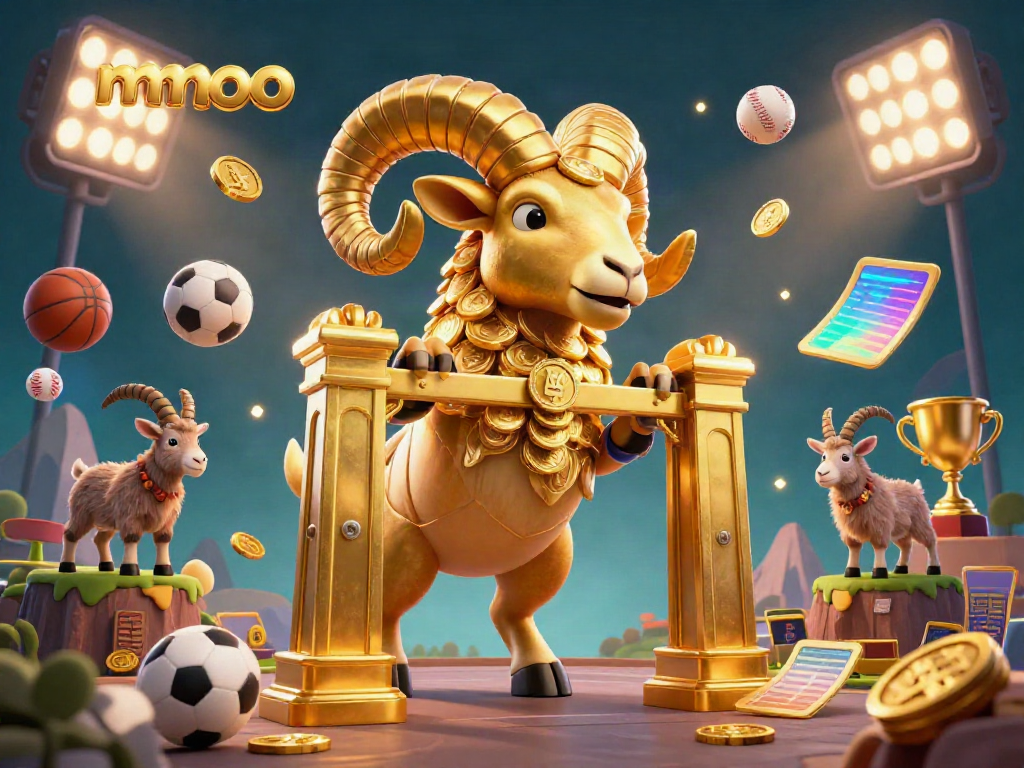 Engage with the mmoo casino experience featuring a golden ram charging through a majestic gate surrounded by sports elements.
