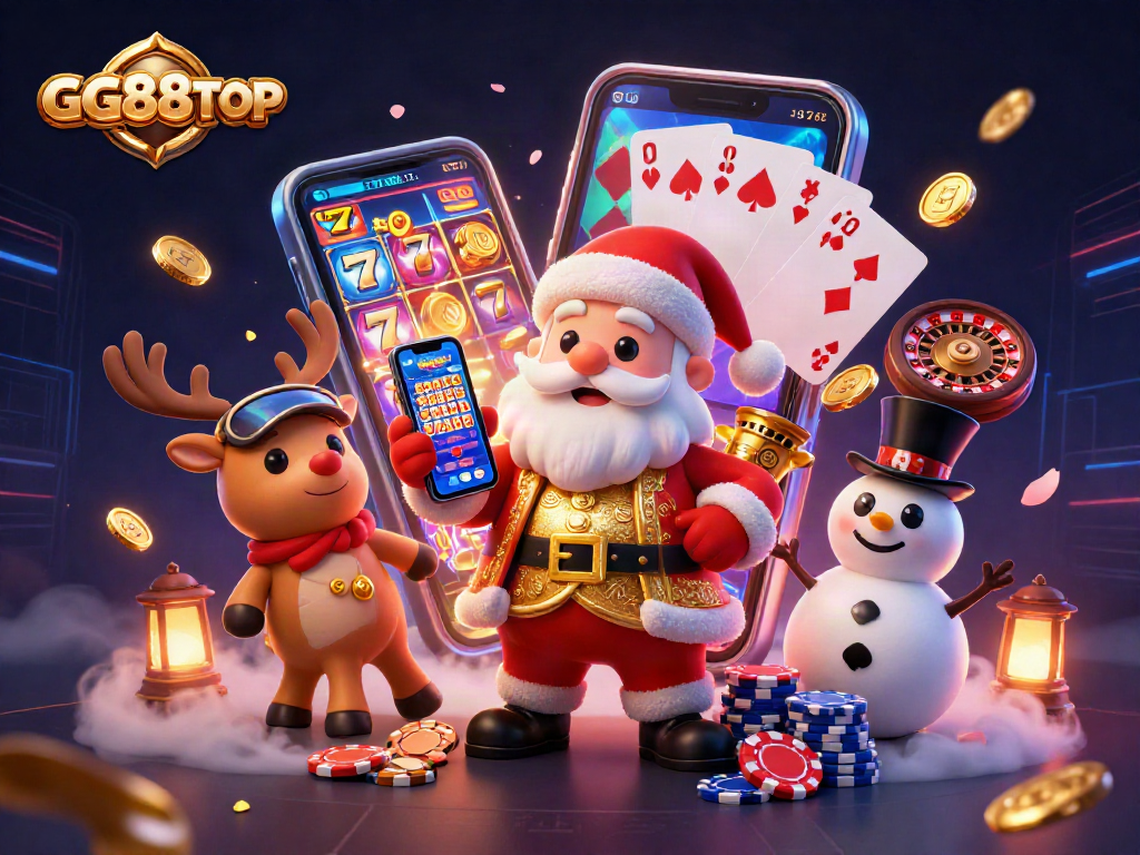 Spin your way to wins with GG88TOP in this festive casino scene featuring Santa and friends.