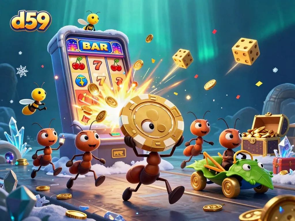 Experience the thrilling heist of ants in d59 as they race with a golden poker chip amidst vibrant casino elements.