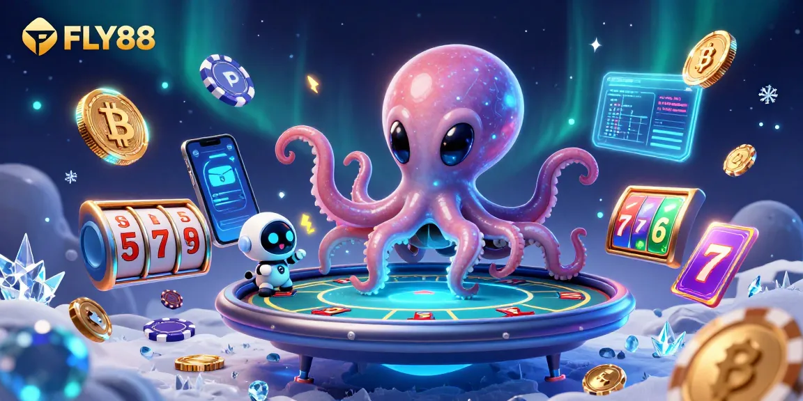 Engage with FLY88 in a vibrant casino scene featuring a cartoon octopus and futuristic elements.