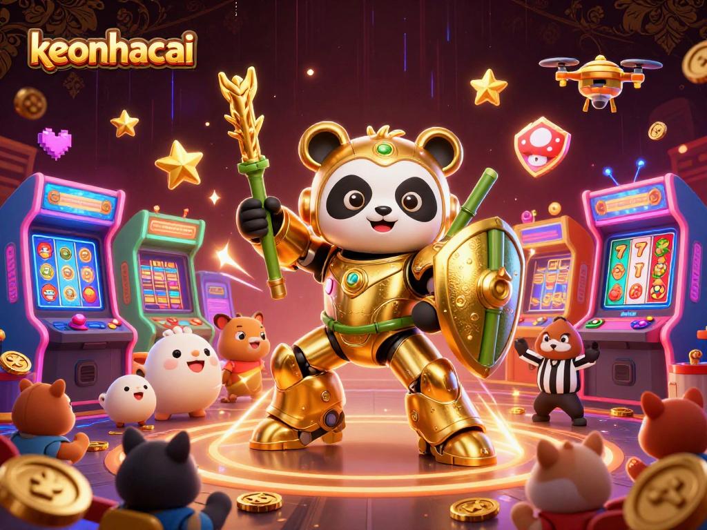 keonhacai slots championship scene featuring a golden panda in mech-suit, dynamic gaming atmosphere