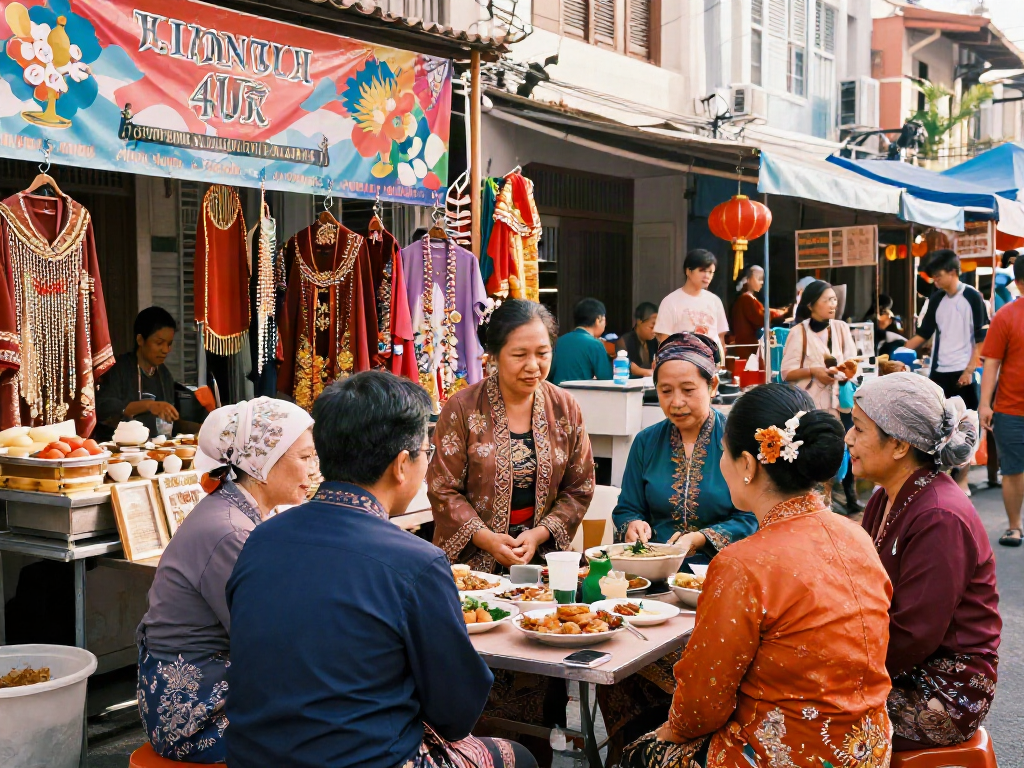 Nyonya4D cultural enthusiasts engaging in traditional attire and local delicacies at a vibrant street market.