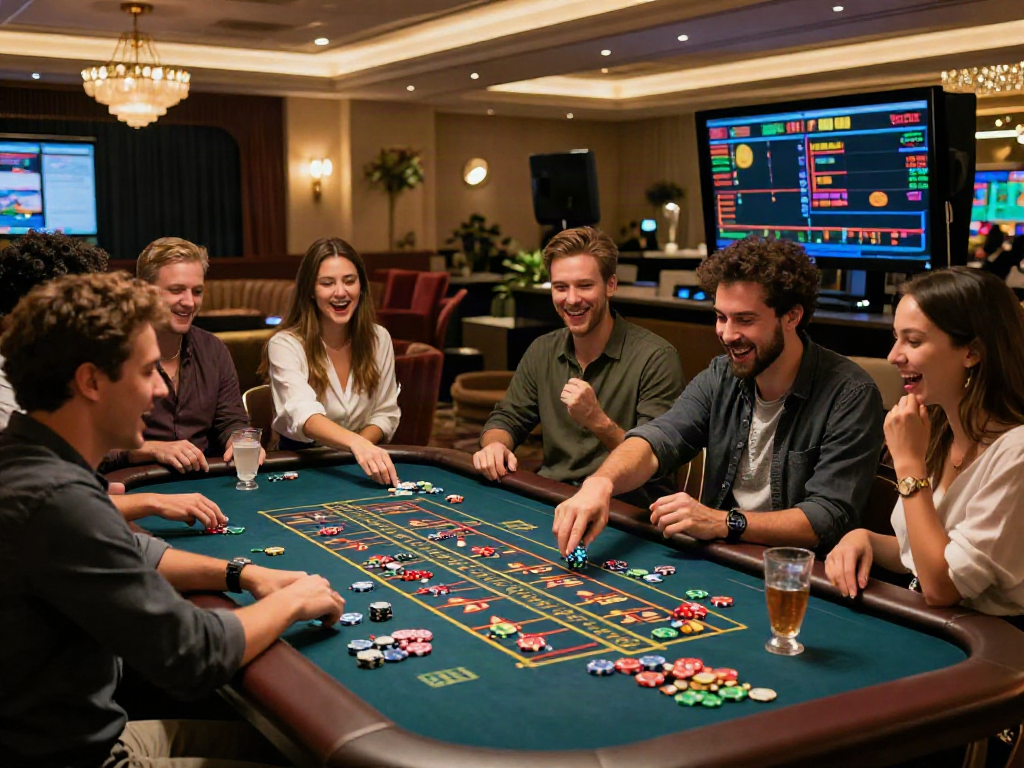 A vibrant online gambling celebration at a roulette table showcasing the akunjp excitement of winning with friends in a luxurious setting.