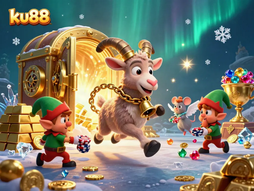 ku88 offers a festive casino experience with Krampus and elf gremlins stealing poker chips amid sparkling treasures.