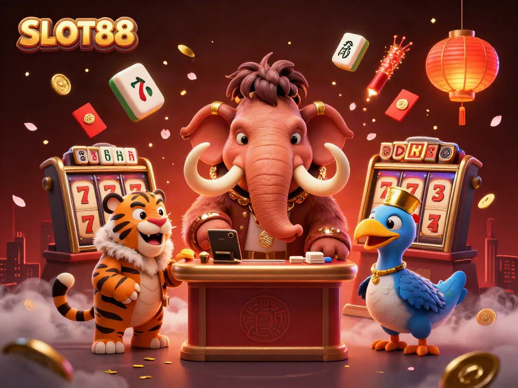 Experience exciting game moments at SLOT88 with a majestic woolly mammoth bouncer and stylish VIP guests.